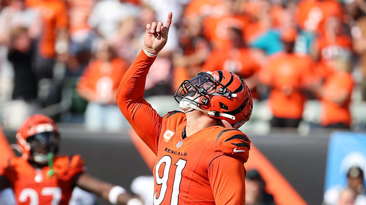 Sep 14, 2025; Cincinnati, Ohio, USA;  Cincinnati Bengals defensive end Trey Hendrickson (91) celebrates his sack during the fourth quarter against the Jacksonville Jaguars at Paycor Stadium. Mandatory Credit: Joseph Maiorana-Imagn Images