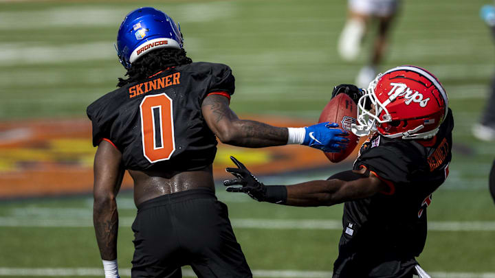 Jan 31, 2023; Mobile, AL, USA; National defensive back JL Skinner of Boise State (0). Jan 31, 2023; Mobile, AL, USA; National defensive back JL Skinner of Boise State (0).