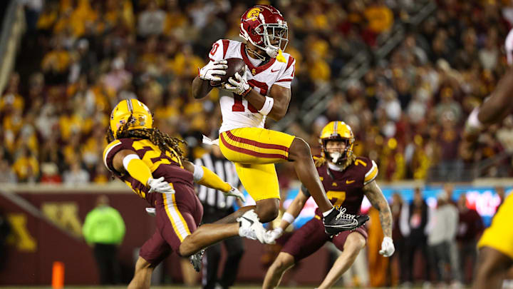 Former USC Trojans wide receiver Kyron Hudson (10) catches a pass during the second half against the Minnesota Golden Gophers at Huntington Bank Stadium. 