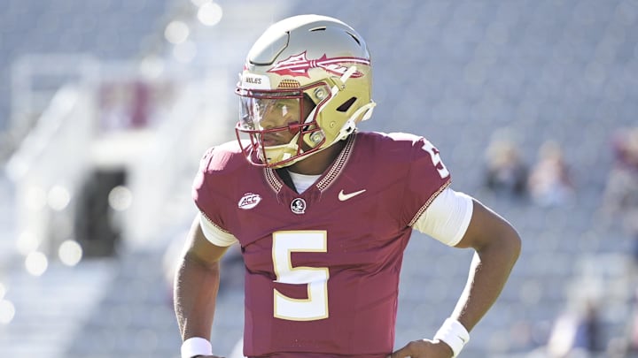 Florida State Seminoles quarterback Trever Jackson (5) warms up before the game against the Charleston Southern Buccaneers at Doak S. Campbell Stadium. Florida State Seminoles quarterback Trever Jackson (5) warms up before the game against the Charleston Southern Buccaneers at Doak S. Campbell Stadium.