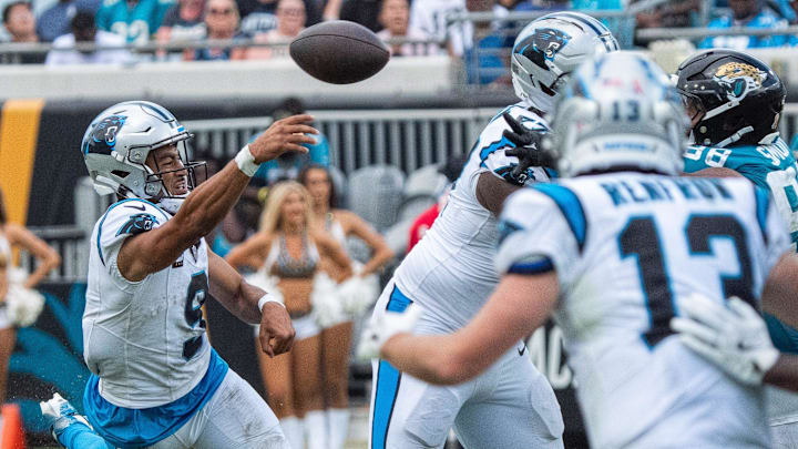 Carolina Panthers quarterback Bryce Young (9) unloads the ball during the fourth quarter of an NFL football game between the Carolina Panthers at Jacksonville Jaguars at EverBank Stadium Sunday September 7, 2025. Jaguars defeated the Panthers 26-10. [Doug Engle/Florida Times-Union]