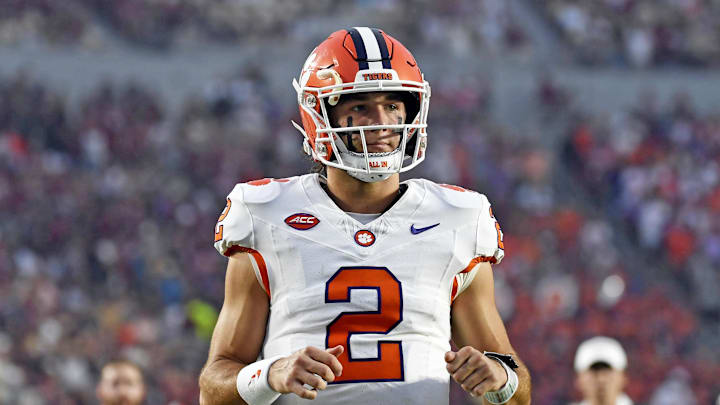 Oct 5, 2024; Tallahassee, Florida, USA; Clemson Tigers quarterback Cade Klubnik (2) before a game against the Florida State Seminoles at Doak S. Campbell Stadium.