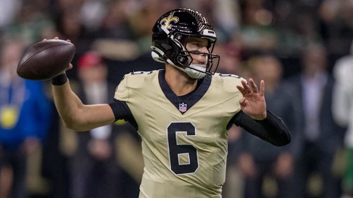 Dec 21, 2025; New Orleans, Louisiana, USA; New Orleans Saints quarterback Tyler Shough (6) throws against the New York Jets during the first half at Caesars Superdome. Mandatory Credit: Matthew Hinton-Imagn Images