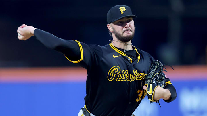 May 12, 2025; New York City, New York, USA; Pittsburgh Pirates starting pitcher Paul Skenes (30) pitches against the New York Mets during the third inning at Citi Field. Mandatory Credit: Brad Penner-Imagn Images