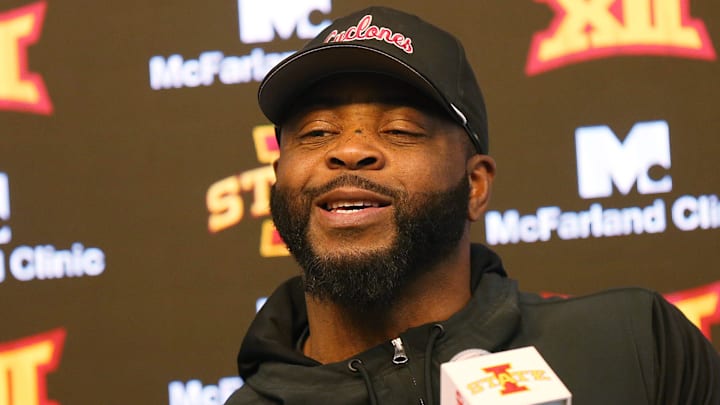 Iowa State's cornerback coach Hank Poteat talks to media at the school football facility on Wednesday, April 10, 2024, in Ames, Iowa.