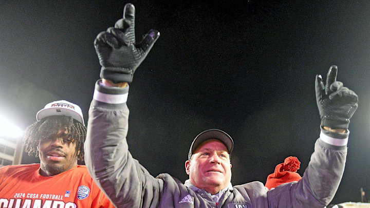 Jacksonville State Head Coach Rich Rodriguez celebrates his team winning the C-USA Championship at AmFirst Stadium in Jacksonville, Alabama , Alabama December 6, 2024. Jacksonville State defeated Western Kentucky 52 - 12. (Dave Hyatt / Hyatt Media LLC)