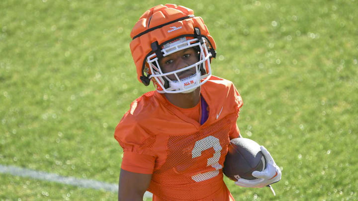 Clemson receiver Marquise Henderson (3) during the first football practice at the Allen N. Reeves Football Complex at Clemson University in Clemson, S.C. Friday, February 28, 2025.