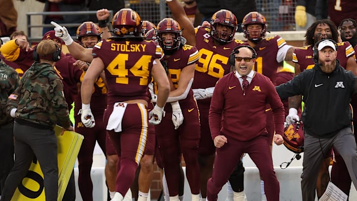 Minnesota coach P.J. Fleck celebrates a blocked punt against Penn State during the second quarter at Huntington Bank Stadium in Minneapolis on Nov. 23, 2024. Minnesota coach P.J. Fleck celebrates a blocked punt against Penn State during the second quarter at Huntington Bank Stadium in Minneapolis on Nov. 23, 2024.