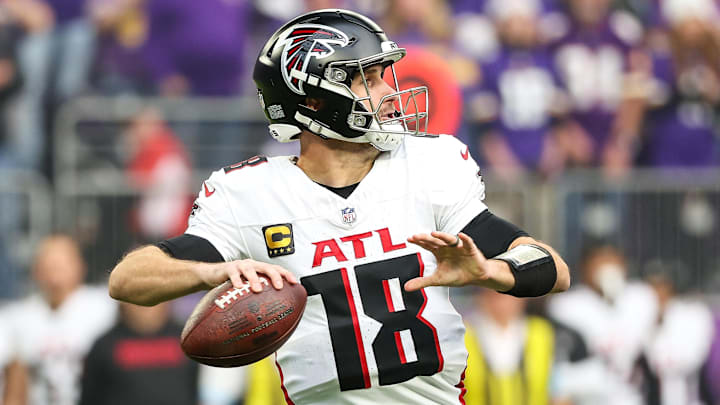 Dec 8, 2024; Minneapolis, Minnesota, USA; Atlanta Falcons quarterback Kirk Cousins (18) throws the ball against the Minnesota Vikings during the first quarter at U.S. Bank Stadium. Mandatory Credit: Matt Krohn-Imagn Images