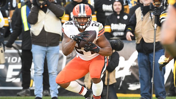 Jan 8, 2023; Pittsburgh, Pennsylvania, USA;  Cleveland Browns running back Nick Chubb (24) scores a touchdown against the Pittsburgh Steelers during the fourth quarter at Acrisure Stadium.