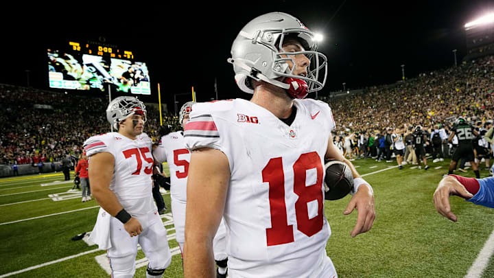 Oct 12, 2024; Eugene, Oregon, USA; Ohio State Buckeyes quarterback Will Howard (18) walks off the field after losing 32-31 to Oregon Ducks during the NCAA football game at Autzen Stadium.