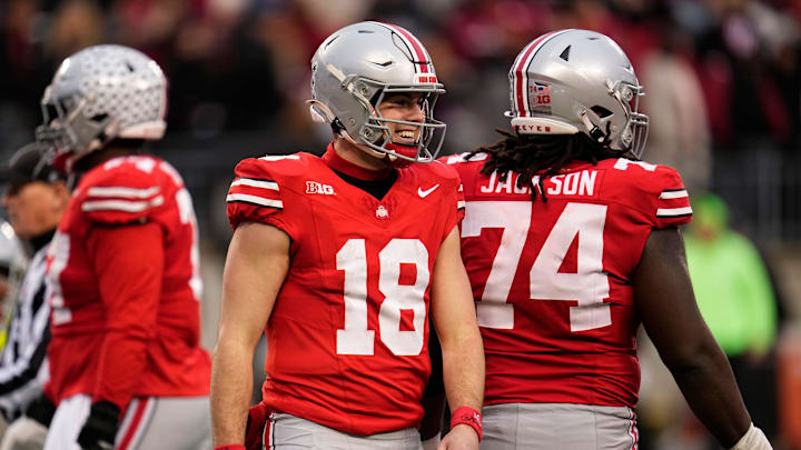 Ohio State Buckeyes quarterback Will Howard (18) celebrates during the second half of the NCAA football game against the Indiana Hoosiers at Ohio Stadium in Columbus on Saturday, Nov. 23, 2024. Ohio State won 38-15.