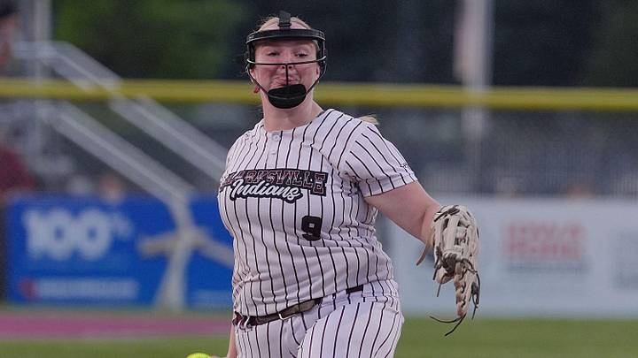 Clarksville 's pitcher Sydney Lovrien pitches the ball against Wayne in the 1A state softball championship game at Roger Sports Complex on July 25, 2025, in Fort Dodge, Iowa. Clarksville 's pitcher Sydney Lovrien pitches the ball against Wayne in the 1A state softball championship game at Roger Sports Complex on July 25, 2025, in Fort Dodge, Iowa.