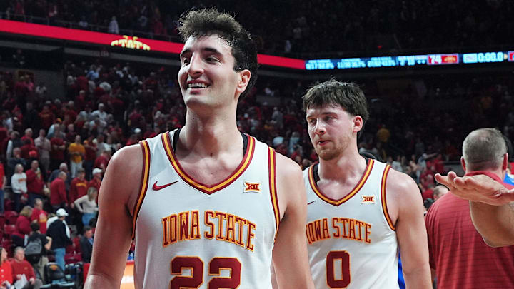 Iowa State Cyclones forward Milan Momcilovic (22) celebrates after winning 74-56 over Kansas in the Big-12 conference basketball showdown on Feb. 14, 2026, at Hilton Coliseum, in Ames, Iowa.