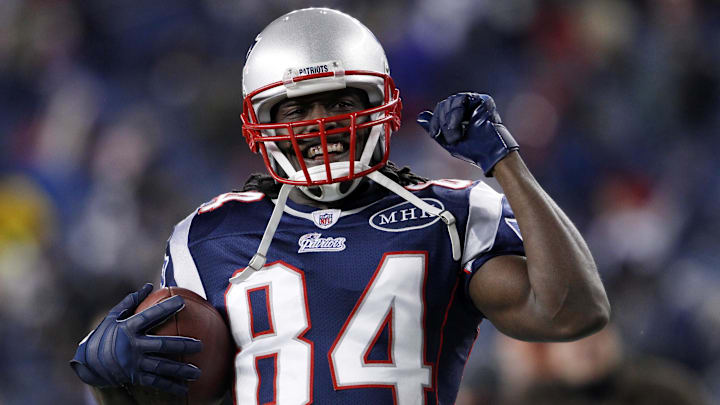 Jan 14, 2012; Foxborough, MA, USA; New England Patriots wide receiver Deion Branch (84) warms up before the 2011 AFC divisional playoff game against the Denver Broncos at Gillette Stadium. Mandatory Credit: David Butler II-Imagn Images