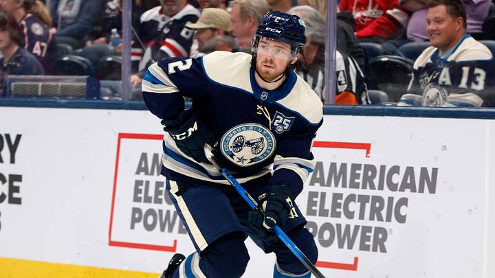 Apr 14, 2026; Columbus, Ohio, USA; Columbus Blue Jackets defenseman Jake Christiansen (2) looks to pass against the Washington Capitals during the first period at Nationwide Arena. Mandatory Credit: Russell LaBounty-Imagn Images