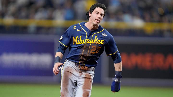 Milwaukee Brewers designated hitter Christian Yelich (22) steals second base against the Tampa Bay Rays during the first inning during Game 4 of the World Series at Tropicana Field in St. Petersburg, Fla. on Oct 27, 2026. Milwaukee Brewers designated hitter Christian Yelich (22) steals second base against the Tampa Bay Rays during the first inning during Game 4 of the World Series at Tropicana Field in St. Petersburg, Fla. on Oct 27, 2026.