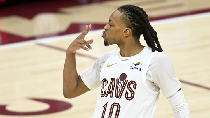 Apr 20, 2025; Cleveland, Ohio, USA; Cleveland Cavaliers guard Darius Garland (10) celebrates after making a three-point basket in the fourth quarter at Rocket Arena. Mandatory Credit: David Richard-Imagn Images Apr 20, 2025; Cleveland, Ohio, USA; Cleveland Cavaliers guard Darius Garland (10) celebrates after making a three-point basket in the fourth quarter at Rocket Arena. Mandatory Credit: David Richard-Imagn Images