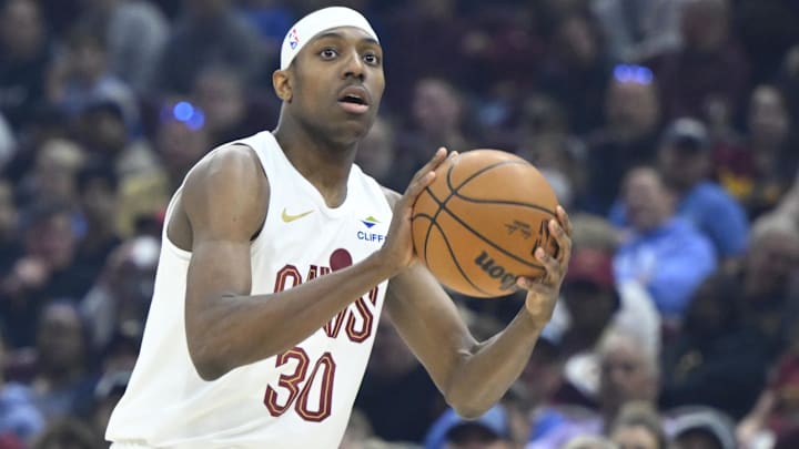 Apr 13, 2025; Cleveland, Ohio, USA; Cleveland Cavaliers forward Nae'Qwan Tomlin (30) looks to shoot in the first quarter against the Indiana Pacers at Rocket Arena. Mandatory Credit: David Richard-Imagn Images