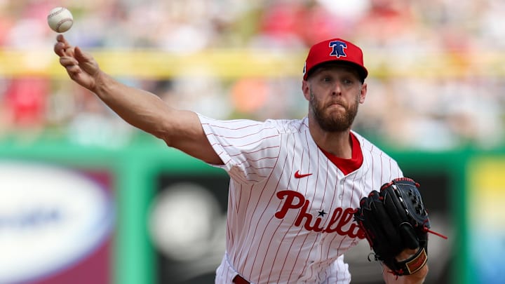 Mar 4, 2025; Clearwater, Florida, USA; Philadelphia Phillies pitcher Zack Wheeler (45) throws a pitch against the New York Yankees in the second inning during spring training at BayCare Ballpark. 