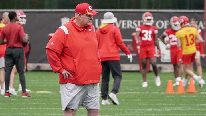 May 26, 2022; Kansas City, MO, USA; Kansas City Chiefs head coach Andy Reid watches practice during organized team activities at The University of Kansas Health System Training Complex. Mandatory Credit: Denny Medley-Imagn Images