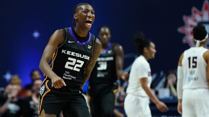Sep 1, 2025; Uncasville, Connecticut, USA; Connecticut Sun guard Saniya Rivers (22) reacts after a play against the Atlanta Dream in the first half at Mohegan Sun Arena. David Butler II-Imagn Images