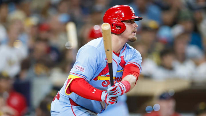 Aug 2, 2025; San Diego, California, USA; St. Louis Cardinals third baseman Nolan Gorman (16) hits a rbi single during the fourth inning against the San Diego Padres at Petco Park. Mandatory Credit: David Frerker-Imagn Images Aug 2, 2025; San Diego, California, USA; St. Louis Cardinals third baseman Nolan Gorman (16) hits a rbi single during the fourth inning against the San Diego Padres at Petco Park. Mandatory Credit: David Frerker-Imagn Images