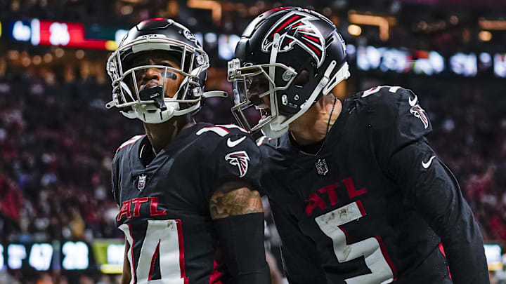 Oct 30, 2022; Atlanta, Georgia, USA; Atlanta Falcons wide receiver Damiere Byrd (14) reacts with