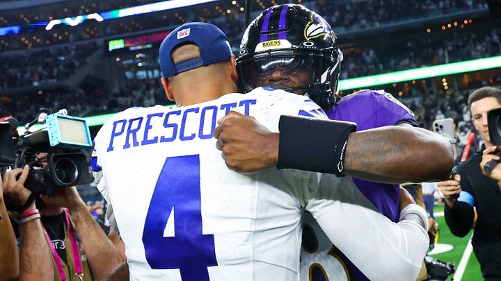 Dallas Cowboys quarterback Dak Prescott (4) hugs Baltimore Ravens quarterback Lamar Jackson (8) after the game at AT&T Stadium. Mandatory Credit: Kevin Jairaj-Imagn Images Dallas Cowboys quarterback Dak Prescott (4) hugs Baltimore Ravens quarterback Lamar Jackson (8) after the game at AT&T Stadium. Mandatory Credit: Kevin Jairaj-Imagn Images