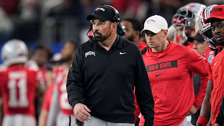 Ohio State Buckeyes head coach Ryan Day watches during the first half of the Cotton Bowl Classic College Football Playoff semifinal game against the Texas Longhorns at AT&T Stadium in Arlington, Texas on Jan. 10, 2025.
