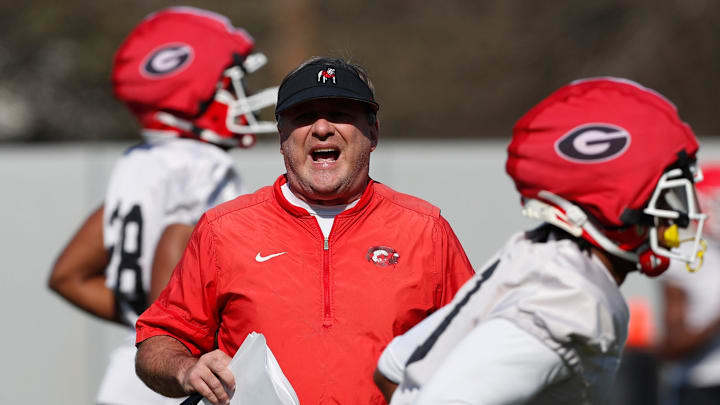 Georgia coach Kirby Smart yells during spring practice in Athens, Ga., on Thursday, March 14, 2024.