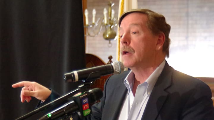 St. John's basketball Chairman of the Board William Janetschek, one of the ownership group of the Brockton Rox, speaks to the audience at the Rox press conference at Brockton City Hall on Thursday, Jan. 29, 2025.