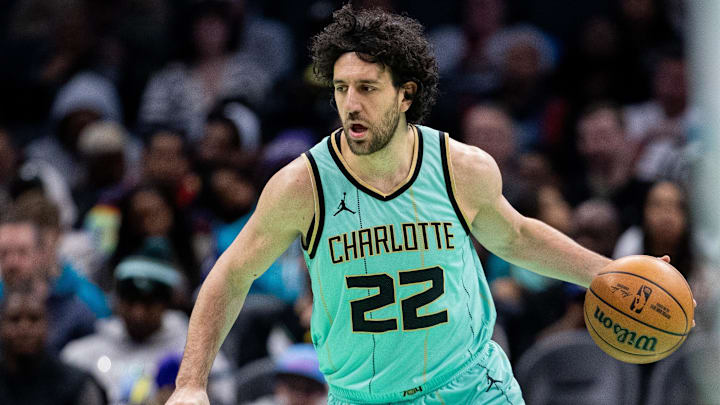 Charlotte Hornets guard Vasilije Micic brings the ball up court against the New Orleans Pelicans during the first quarter at Spectrum Center.