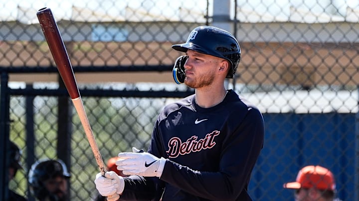Detroit Tigers outfielder Parker Meadows bats during spring training at TigerTown in Lakeland, Fla. on Friday, Feb. 21, 2025.