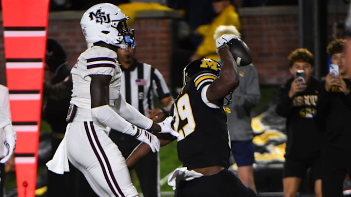 Nov 15, 2025; Columbia, Missouri, USA; Missouri running back Ahmad Hardy (29) celebrates after scoring a touchdown during the first half of a game.