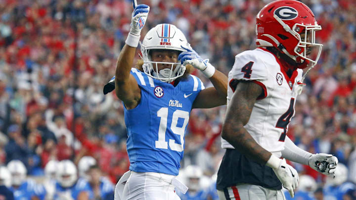 Nov 9, 2024; Oxford, Mississippi, USA; Mississippi Rebels wide receiver Cayden Lee (19) reacts after a first down catch during the first half against the Georgia Bulldogs at Vaught-Hemingway Stadium. Mandatory Credit: Petre Thomas-Imagn Images