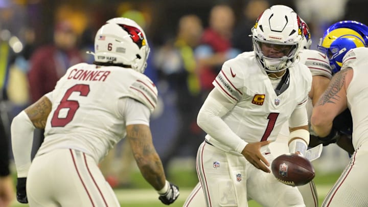 Dec 28, 2024; Inglewood, California, USA;  Arizona Cardinals quarterback Kyler Murray (1) hands off to running back James Conner (6) in the second half against the Los Angeles Rams at SoFi Stadium. Mandatory Credit: Jayne Kamin-Oncea-Imagn Images