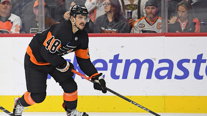 Oct 31, 2024; Philadelphia, Pennsylvania, USA; Philadelphia Flyers center Morgan Frost (48) against the St. Louis Blues at Wells Fargo Center. Mandatory Credit: Eric Hartline-Imagn Images