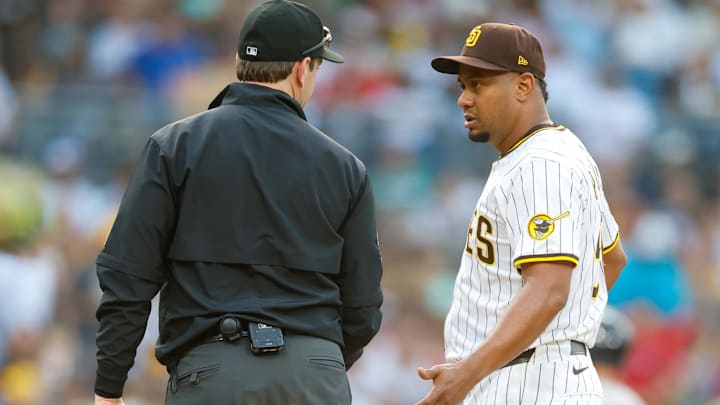 San Diego Padres relief pitcher Wandy Peralta was called for a balk  against the Boston Red Sox.