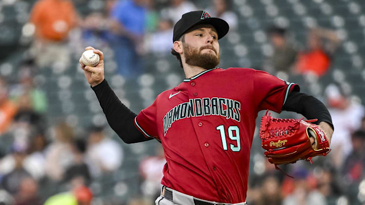 Apr 13, 2026; Baltimore, Maryland, USA;  Arizona Diamondbacks pitcher Ryne Nelson (19) throws a second inning pitch against the Baltimore Orioles at Oriole Park at Camden Yards. Mandatory Credit: Tommy Gilligan-Imagn Images