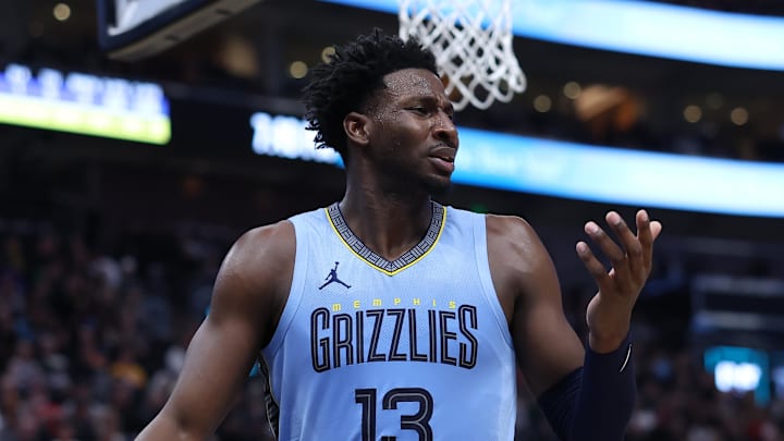 Nov 1, 2023; Salt Lake City, Utah, USA; Memphis Grizzlies forward Jaren Jackson Jr. (13) reacts to a play against the Utah Jazz in the first half at Delta Center.
