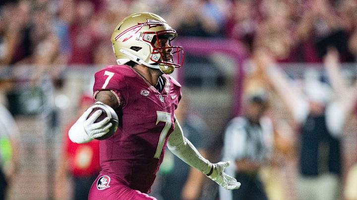 Florida State Seminoles defensive back Jarrian Jones (7) celebrates a pick six. The Florida State