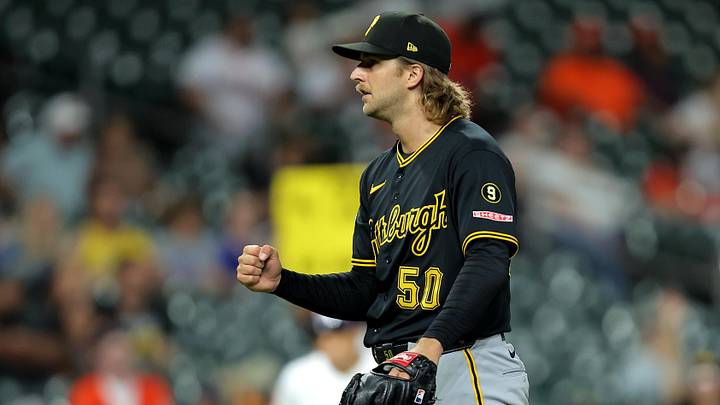 Jun 4, 2026; Houston, Texas, USA; Pittsburgh Pirates pitcher Carmen Mlodzinski (50) reacts after the final out of the ninth inning against the Houston Astros at Daikin Park. Mandatory Credit: Erik Williams-Imagn Images