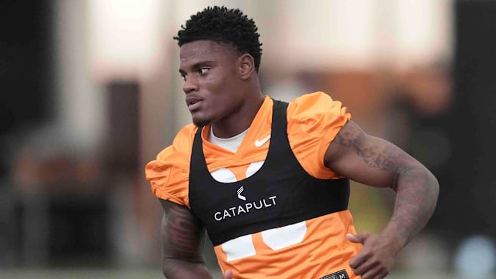 Tennessee defensive back Boo Carter (23) runs during Tennessee football preseason practice, in Knoxville, Tennessee, July 31, 2025.