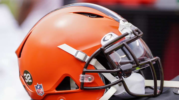 Aug 26, 2023; Kansas City, Missouri, USA; A general view of a Cleveland Browns helmet during the second half against the Kansas City Chiefs at GEHA Field at Arrowhead Stadium. Mandatory Credit: Denny Medley-USA TODAY Sports