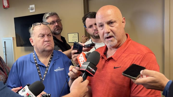Aug 1, 2023; Washington, District of Columbia, USA; Washington Nationals general manager Mike Rizzo discusses the close of the trade window before the game against the Milwaukee Brewers at Nationals Park.