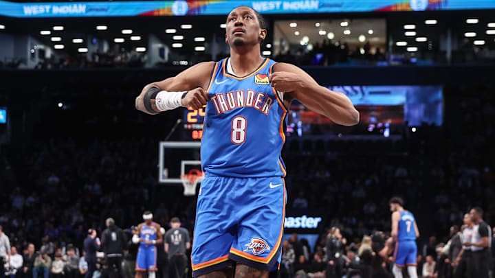 Feb 26, 2025; Brooklyn, New York, USA;  Oklahoma City Thunder forward Jalen Williams (8) takes the court at the start of the game against the Brooklyn Nets at Barclays Center. Mandatory Credit: Wendell Cruz-Imagn Images