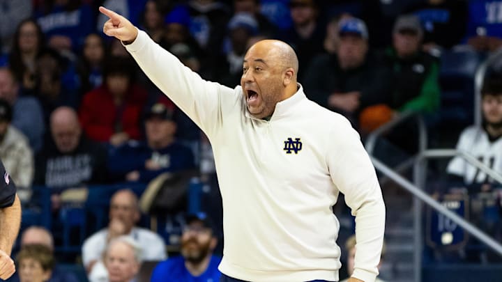 Feb 24, 2026; South Bend, Indiana, USA; Notre Dame Fighting Irish head coach Micah Shrewsberry calls a play against the Duke Blue Devils during the first half at Purcell Pavilion at the Joyce Center. Mandatory Credit: Michael Caterina-Imagn Images Feb 24, 2026; South Bend, Indiana, USA; Notre Dame Fighting Irish head coach Micah Shrewsberry calls a play against the Duke Blue Devils during the first half at Purcell Pavilion at the Joyce Center. Mandatory Credit: Michael Caterina-Imagn Images