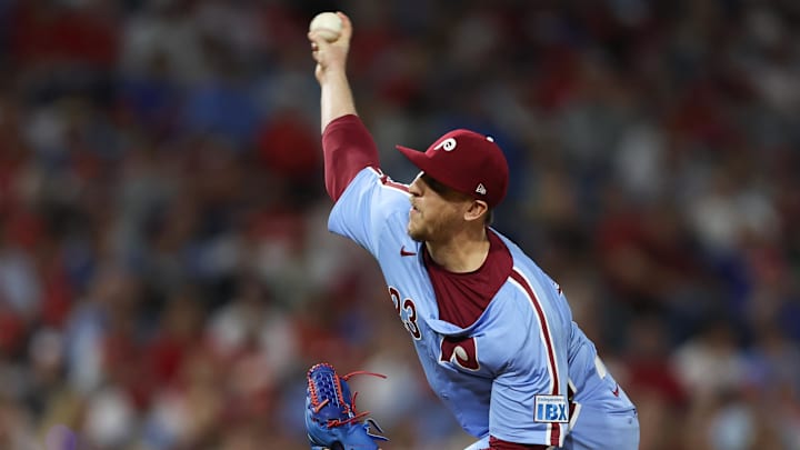 Aug 29, 2024; Philadelphia, Pennsylvania, USA; Philadelphia Phillies pitcher Jeff Hoffman (23) throws a pitch during the ninth inning against the Atlanta Braves at Citizens Bank Park. Aug 29, 2024; Philadelphia, Pennsylvania, USA; Philadelphia Phillies pitcher Jeff Hoffman (23) throws a pitch during the ninth inning against the Atlanta Braves at Citizens Bank Park.