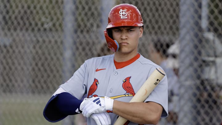 Feb 16, 2026; Jupiter, FL, USA;  St. Louis Cardinals infielder JJ Wetherholt (77) during spring training workouts at Roger Dean Stadium. Mandatory Credit: Reinhold Matay-Imagn Images